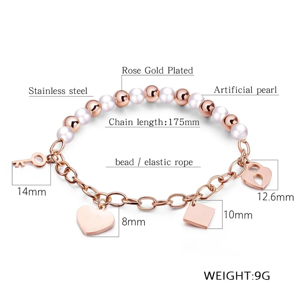 FATE LOVE Fashion Jewelry Cute Luxury Stainless Steel Women Simulated-Pearl Bead Chain Heart Charm Bracelet & Bangles