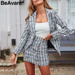 BeAvant офисный женский клетчатый Блейзер пуговицы для куртки двубортные твидовые женские блейзеры осень зима Рабочая одежда женские пальто