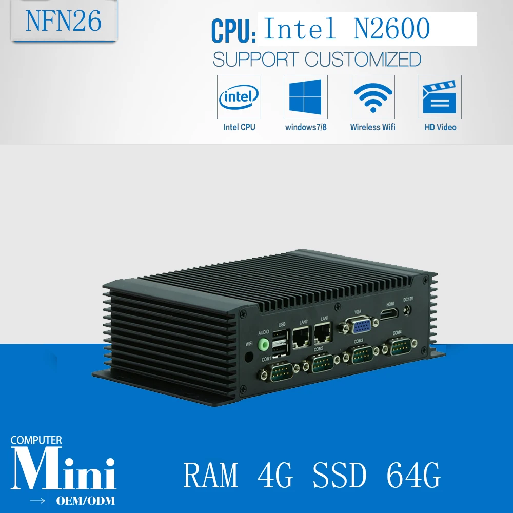 N2600 with CPU N2600 6 COM 4 USB 2 LAN 3 5inch Fanless Mini PC RAM