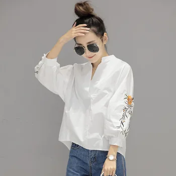 

Spring V-neck Women's Shirt Lantern Sleeve Feminina Blusa Embroidery Broadcloth White Women Tops Elegant Women's Shirts