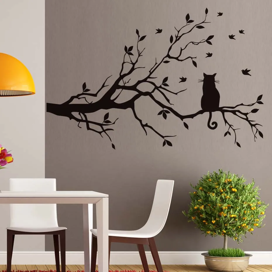 

Little Cat on the Tree with Birds Sticker Wall Art Large Home Decorative Decal for Living Room kids Bedroom Mural Wallpaper