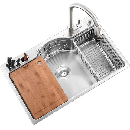 Multifunctional Thicken Brushed SUS304 Stainless Steel Kitchen Sink Set with Drainer Pull Out Faucet Block (Knives Not Included)