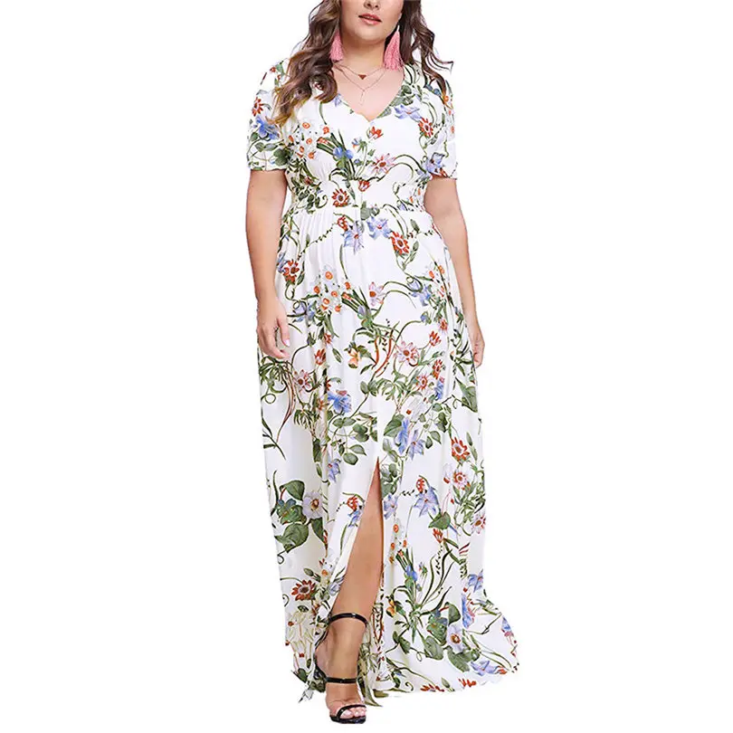 New Women Summer Plus Size V-neck Casual Bohemian Off-Shoulder Ruffled Banded Long Dress Elegant Beach Dress vestidos #4A26 (1)
