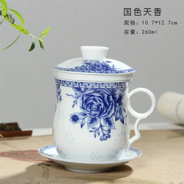 Ретро Китайский белое синее фарфоровое Чай набор чашка с блюдцем крышкой заварки 260 мл керамическая чашка с Чай фильтр - Цвет: Peony
