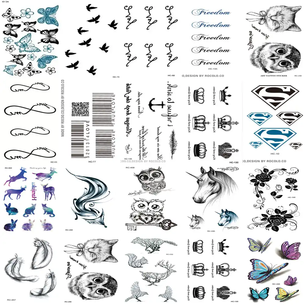 20pcs 1 Set Waterproof Fake Temporary Tattoos Harajuku Black Words Anchor Leaf Design Women Men Finger Cute Flash Tatoo Sticker