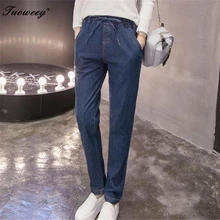 Женские джинсы с эластичной резинкой на талии, ковбойские длинные брюки, штаны, новинка, плюс размер, удобные, вымытые, синие, подходят, сексуальные, джинсовые штаны