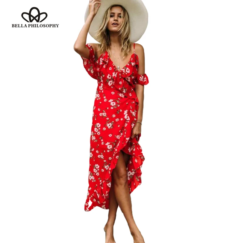 

Bella Philosophy Cold shoulder ruffle print summer long maxi dress women High waist strap chiffon beach dress Boho shirt dress