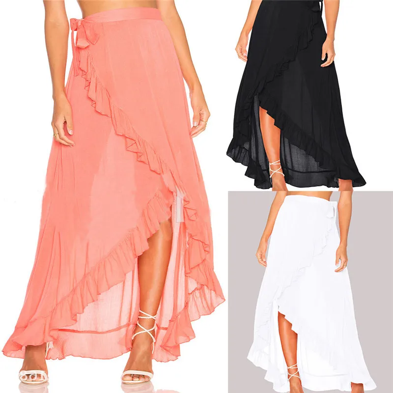 

Long Skirt Women Solid Ruffles Bandage Lace Up Long Beach Skirts For Women A-Line Pleated Chiffon Boho Beach Wrap Skirt Bottoms
