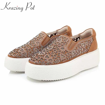 

Krazing pot vintage special sheep suede round toe slip on lazy crystal-studded Breathable platform oxfords vulcanized shoes L22