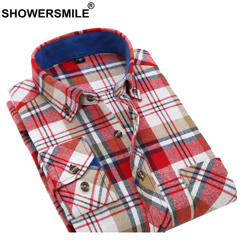 

SHOWERSMILE Men Shirt Fashion Plaid Thick Cotton Shirt British Style Long Sleeve Button Down Slim Fit Shirt Men's Casual Shirts