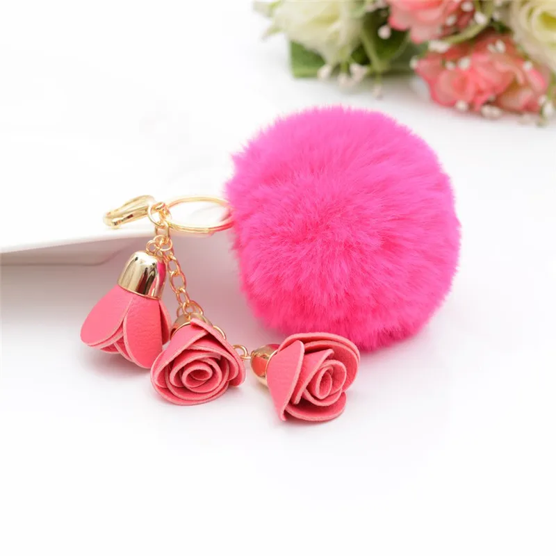 

Rose Fur Pom Keychain Rabbit Fur Ball Key Chians Fur Keyring Porte Clef LLavers Key Chain For Bag Charm EH765