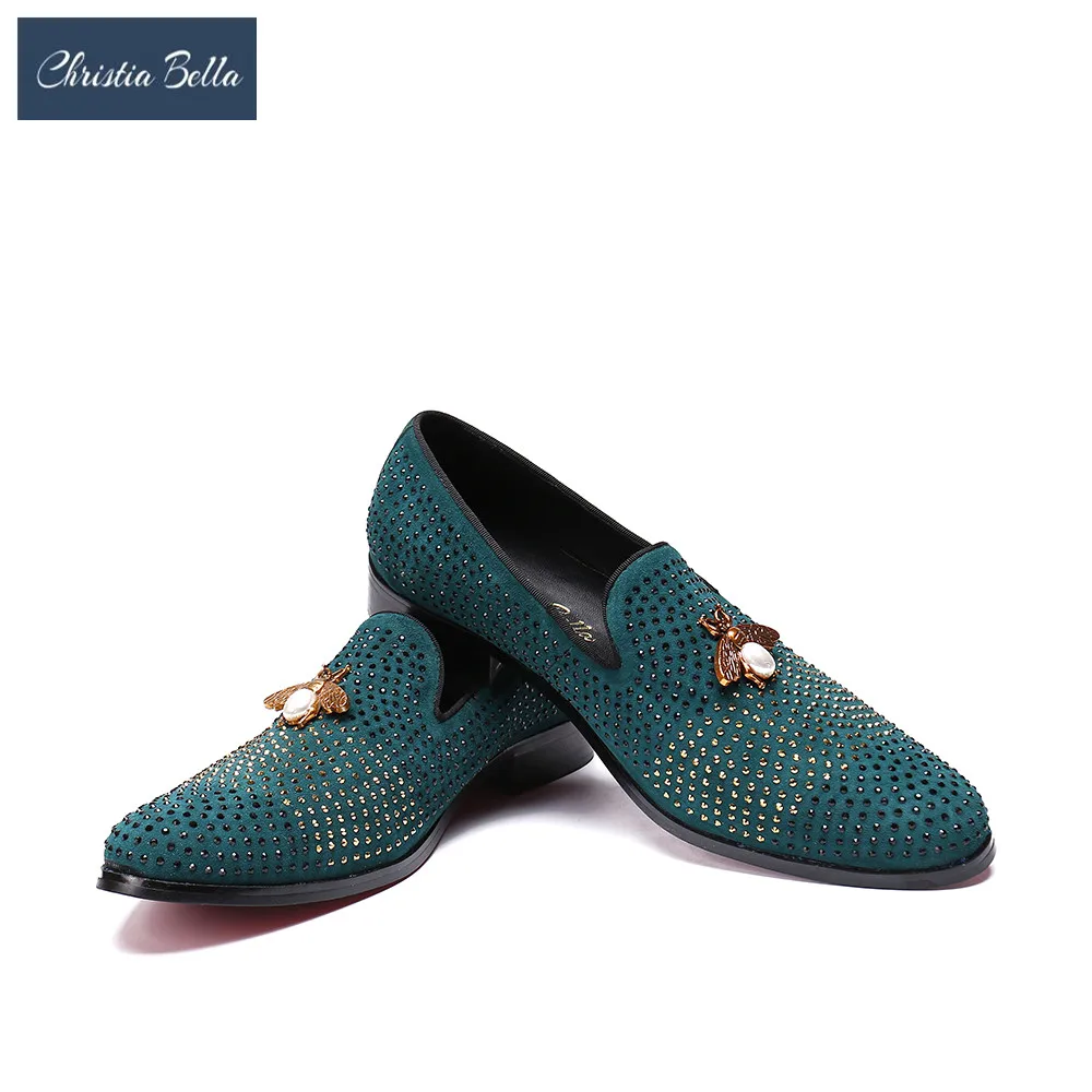 

Christia Bella Luxury Evening Party Crystals Men's Suede Crafted Slip-on Shoes Men Loafer for Wedding Prom and Banquet Slippers