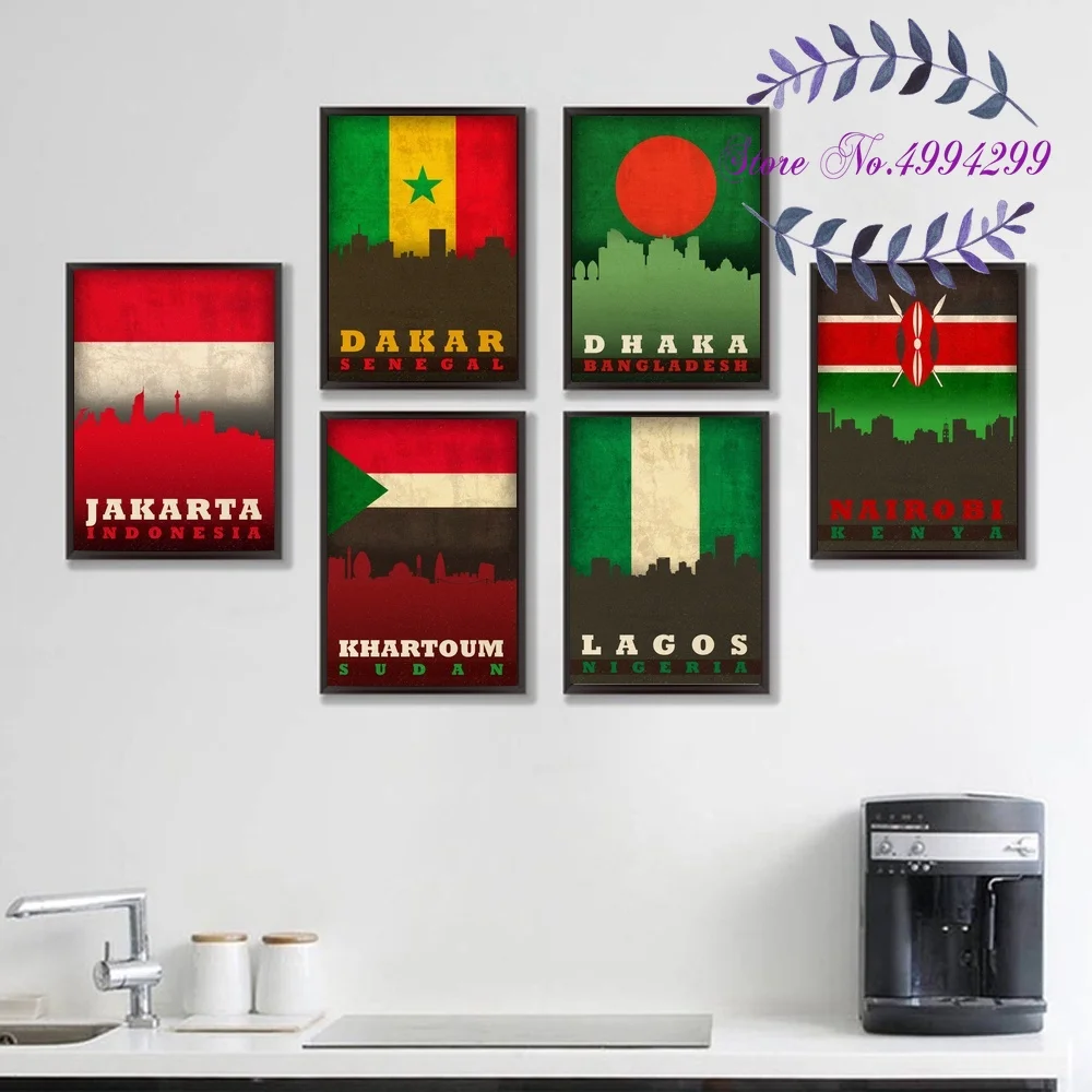 

Retro Bangladesh Indonesia Sudan Nigeria Kenya Saudi Arabia Senegal City Skyline on Flag Poster Canvas Art Print Home Decor