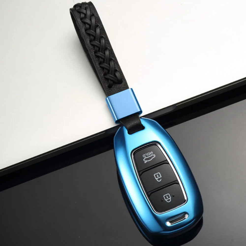 Алюминиевый сплав автомобильный чехол для ключей чехол для hyundai i30 Ix35 Solaris Azera Grandeur Ig Accent Santa Fe Palisade KONA Encino - Название цвета: Blue Braided buckle
