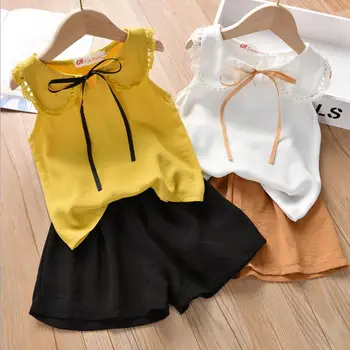 

Children's suit 2019 summer new girl Korean version suit sleeveless doll collar shirt + wide leg shorts two-piece suit