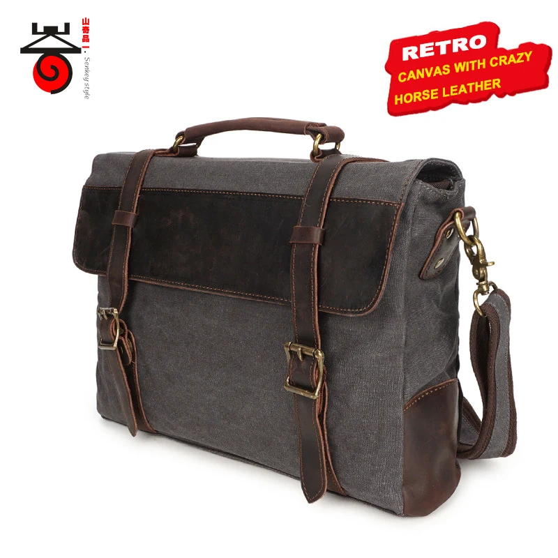

Famous Brand Vintage Men Crossbody bag Canvas and Crazy Horse Cowhide Men Handbag Briefcase Casual Travel Shoulder Messenger Bag