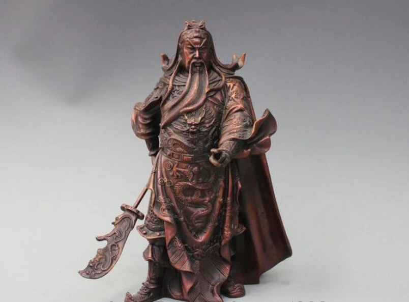 

China Pure Bronze Dragon Wearing Tabard Guan Gong Hold Sword Warrior God Statue