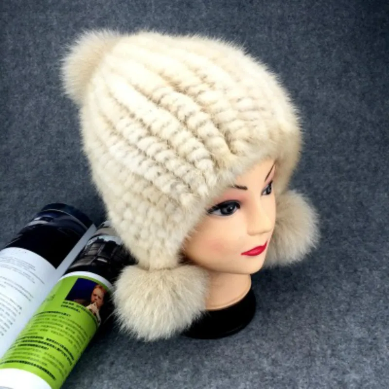 Winter New Authentic Thick Warm Mink Fur Hat Knitted Fox Fur Ball Ms Luxury fashion Winter