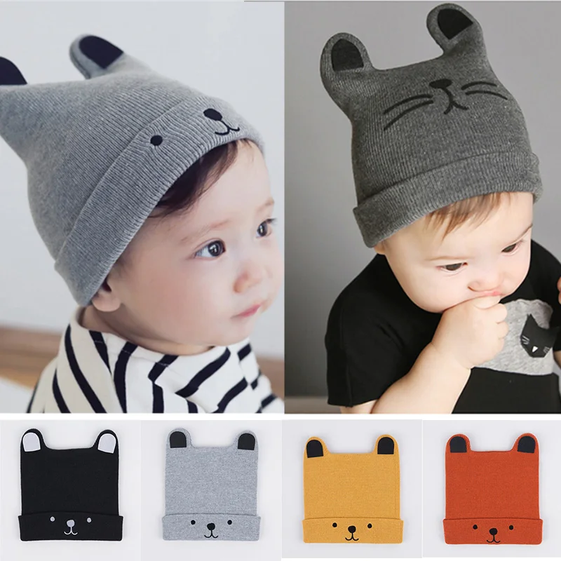 

Cartoon Bear Cat Baby Hat Winter Knitted Kids Girls Boys Warm Beanie Cute Child Cap Hats 0-12Moths