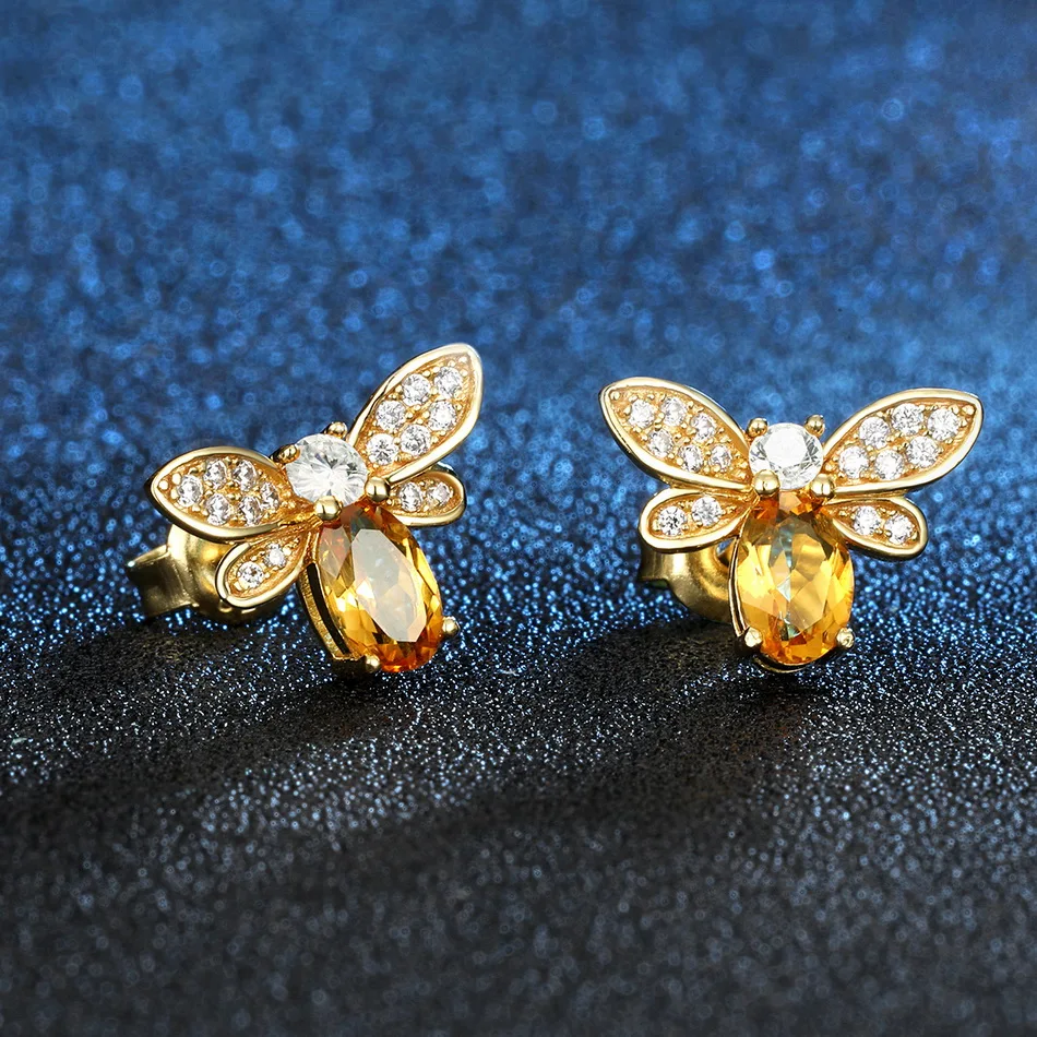 ALLNOEL серебряные 925 Ювелирные серьги в виде пчел настоящее золото натуральный цитрин Алмаз Роскошные модные серьги для женщин