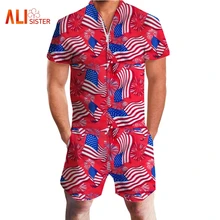 Мужские хип-хоп танцы комбинезон Модный американский флаг цветочный принт с коротким рукавом и молнией комбинезоны креативные контрастные вечерние цельный комбинезон