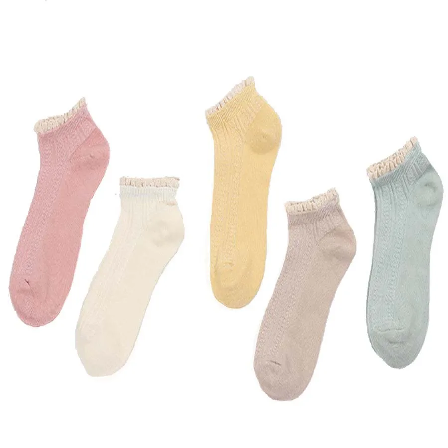 [COSPLACOOL] 5 пар, простые милые носки ярких цветов для женщин и молодых девушек, короткие кружевные дышащие носки из хлопка с сеткой, meias, calcetines mujer