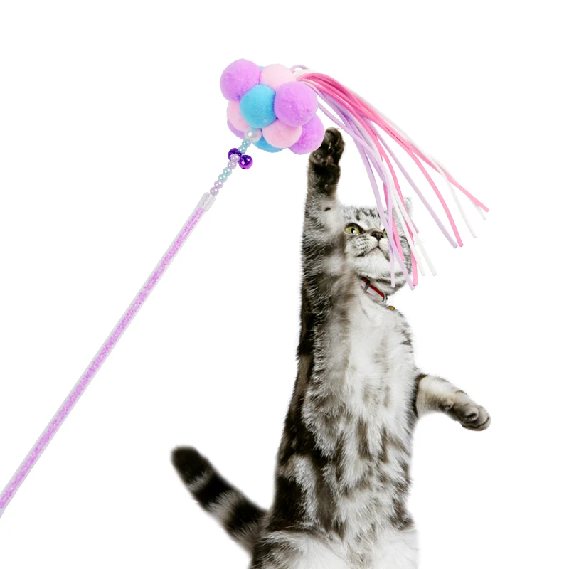 Pompom 1 шт., прорезыватель, перья, игрушки для кошек, котенок, забавный цветной жезл кошачья палочка, игрушки для домашних животных, игрушки для котят, Интерактивная палочка, товары для домашних животных, разные цвета - Цвет: Pompom