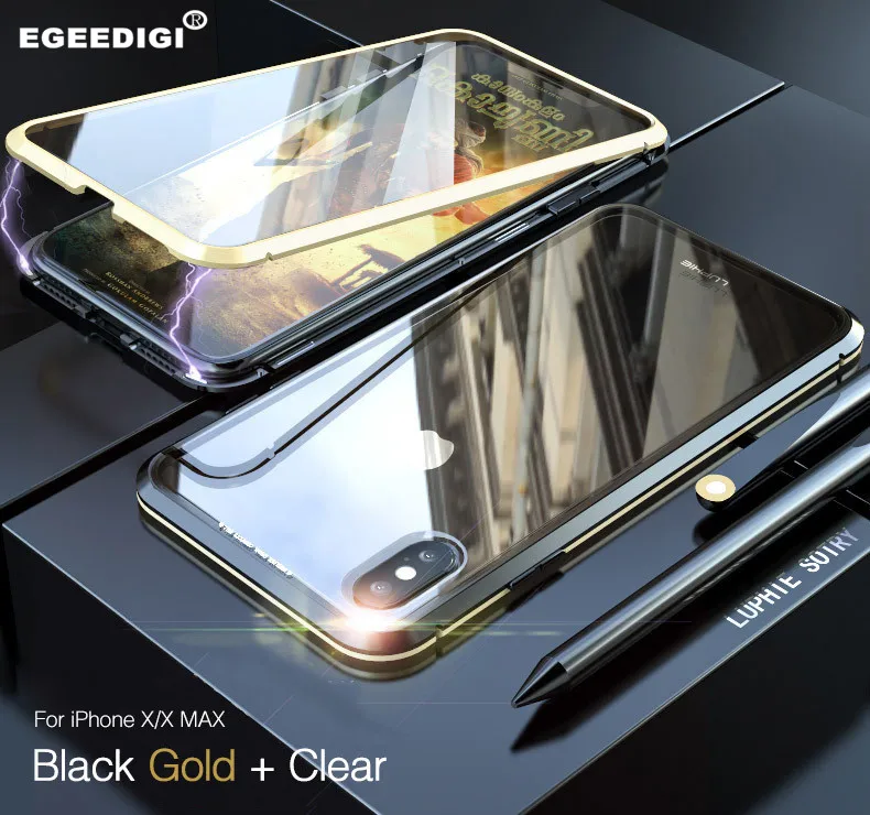 

Egeedigi Front+Back Glass Magnetic Metal Case For Apple iPhone X XR Xs Max 7P 8Plus 360 Full Magnet transparent For iPhone 7 8 X