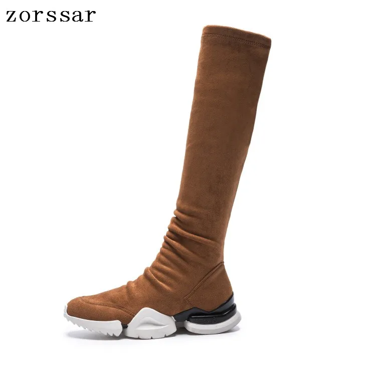 

{Zorssar} Fashion Ladies Shoes Flat snow boots Winter shoes Flock Leather casual flat women Knee High boots