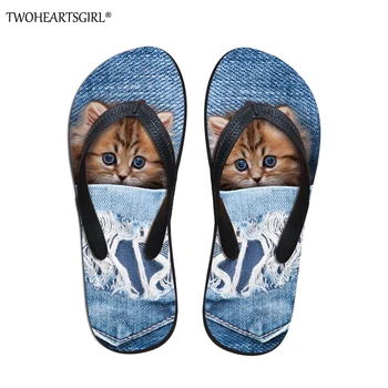 

Twoheartsgirl Denim Cat Prints Men Casual Indoor Flip-flops 3D Printing Men Slippers Summer Beach Flip Flops Boys Flats Shoes