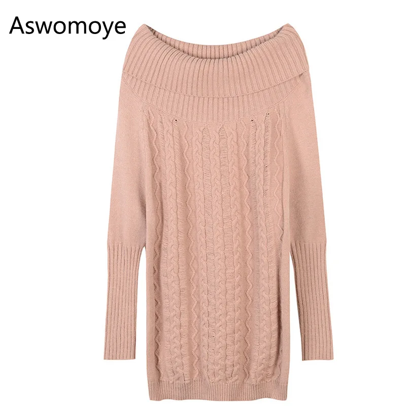 

2018 Spring New Women Sweater Dress Pink Slash Neck Twist Loose Knitted Dress Female Full Sleeve Jumper Above Knee Sexy Dresses