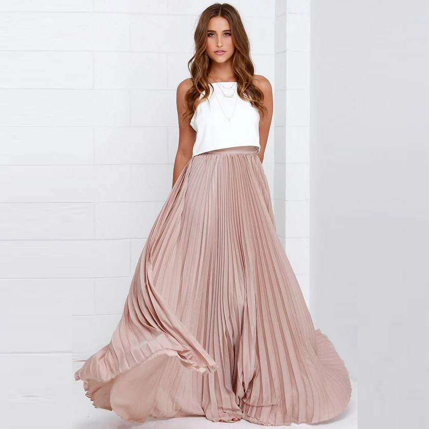 Fashion Pleated Skirts Women Zipper Waist A Line Floor Length Long Skirt Chiffon Maxi Skirt 