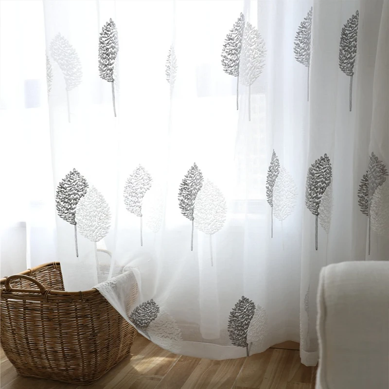 

Korean Curtains Finished Bedroom Living Room Window Balcony Floor White Gray Tulle Embroidered Leaves Sheer Window Screen Drape