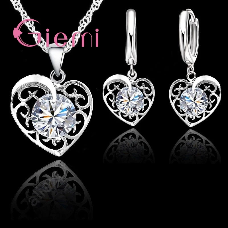 

New Shinning CZ Jewelry Sets 925 Sterling Silver Cubic Zirconia Heart Necklace Hoop Earrings Lever Back Party Accessories