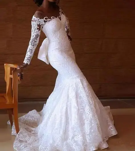 South Africa Mermaid Wedding Dresses Sheer Jewel Neck Long Sleeve Lace Wedding Dress Custom Made Long Sleeves Bridal Dress - Color: White