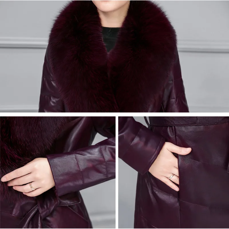 Schinteon женская зимняя длинная куртка из искусственной кожи с искусственным лисьим воротником, верхняя одежда, теплый пояс для парки размера плюс