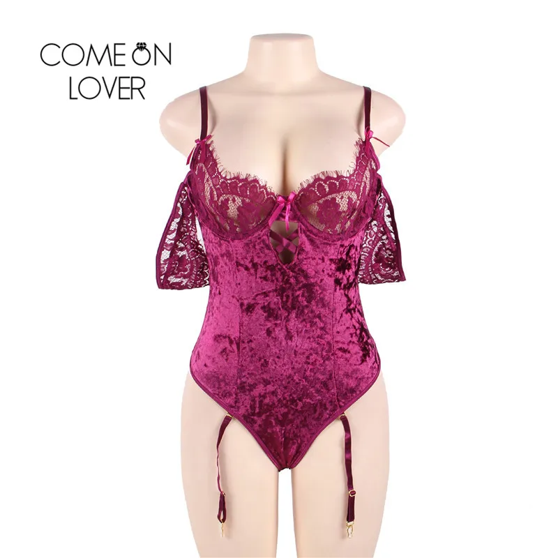 Comeonlover Body suits For Women Bodysuit Off Shoulder Lace Sleeves Body Feminino Plus Size 5XL Top Velvet Bodysuit RI80604 Comeonlover Body suits For Women Bodysuit Off Shoulder Lace Sleeves Body Feminino Plus Size 5XL Top Velvet Bodysuit RI80604