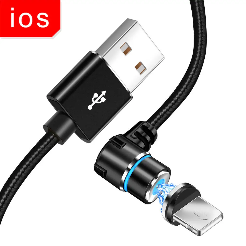 5А Магнитный зарядный USB кабель 90 градусов L type C Micro для освещения IPhone 7 8 X нейлоновая оплетка для XIAOMI samsung S9 3 в 1 - Цвет: Черный