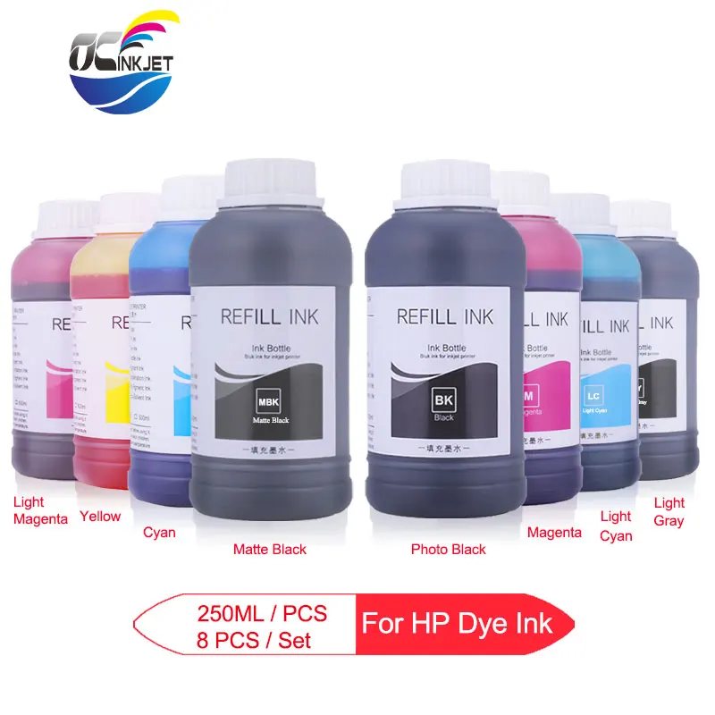 

250ML/PCS Refill Dye Ink Bottle For HP 70 91 For HP Designjet Z2100 Z3100 Z3200 Z5200 Z5400 Z6100 Printer Ink For HP (8 Colors)
