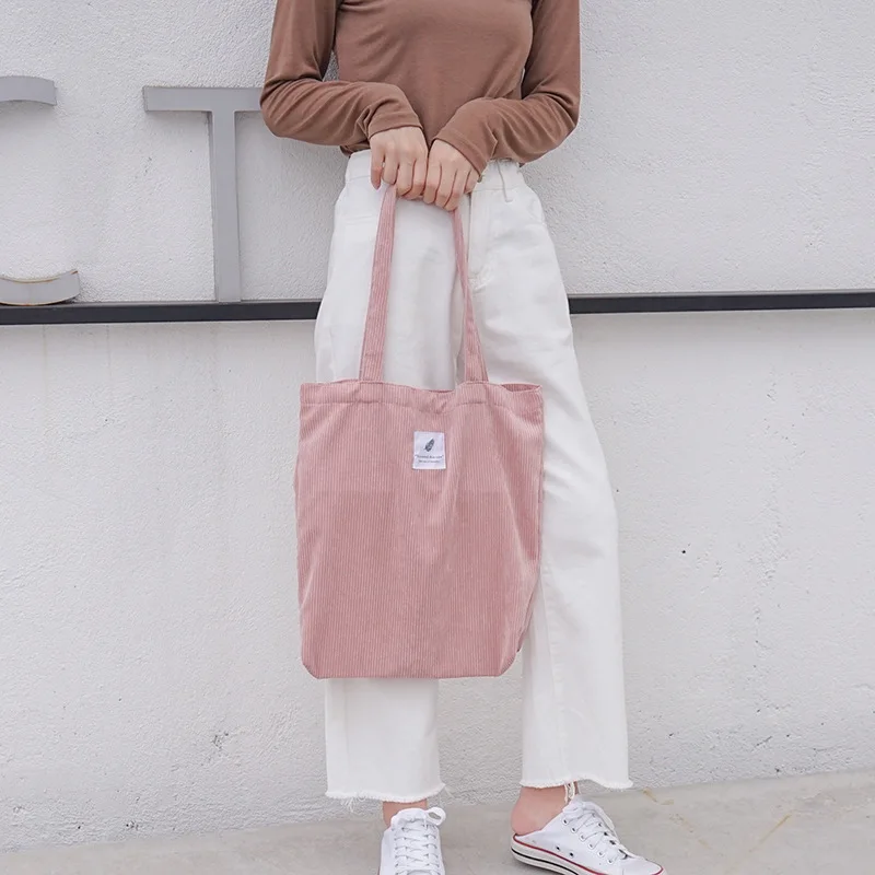 Женская Вельветовая Холщовая Сумка-тоут, женские тканевые сумки через плечо, для молодых девушек, Повседневная сумка для покупок, для девушек, многоразовые складные сумки - Цвет: Розовый