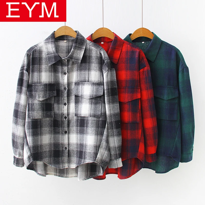 

Cotton Women Blouse Shirt Plaid 2019 Autumn New Long Sleeve Loose Casual Large Plaid Shirt Women Tops Outerwear Femininas Blusas