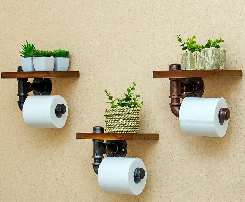 

Iron art solid wood Vintage tissue holder bathroom accessories punch mounting racks