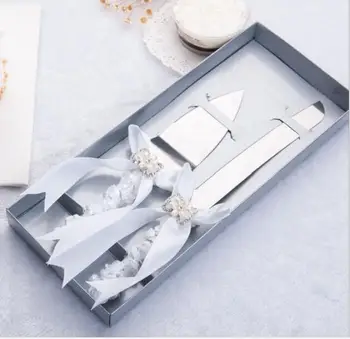 

White Ribbon Customized Wedding Name Stainless Steel Cake Knife Serving Set Pizza Knife & Shovel Birthday Party Supplies
