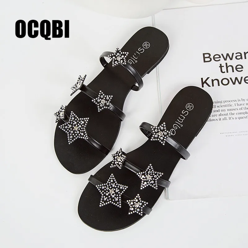 

2019 Woman Slipper Open Toe Woman Slides Glitter Crystal Embellished Stars Narrow Band Shoes Luxury Brand Outdoor Cozy Hot Shoes