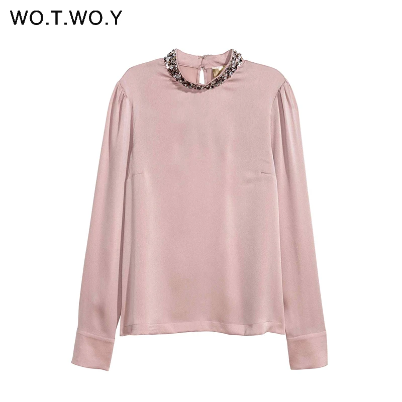 WOTWOY Sequins O-Neck Elegant Office Blouses Women Tops Long Sleeve Blouse Shirt Women Pink Chiffon Blouse 2018 Blusa Feminina