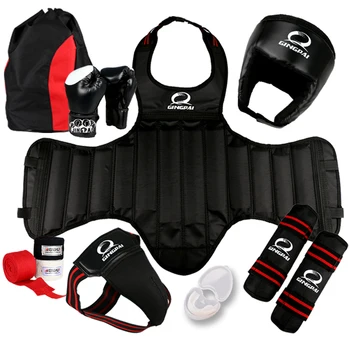 

GINGPAI Sanda gear combination suit 1 set 8pc helmet/teeth guard/chest guard/leg guard/handwraps/boxing gloves/jocksrap/bag