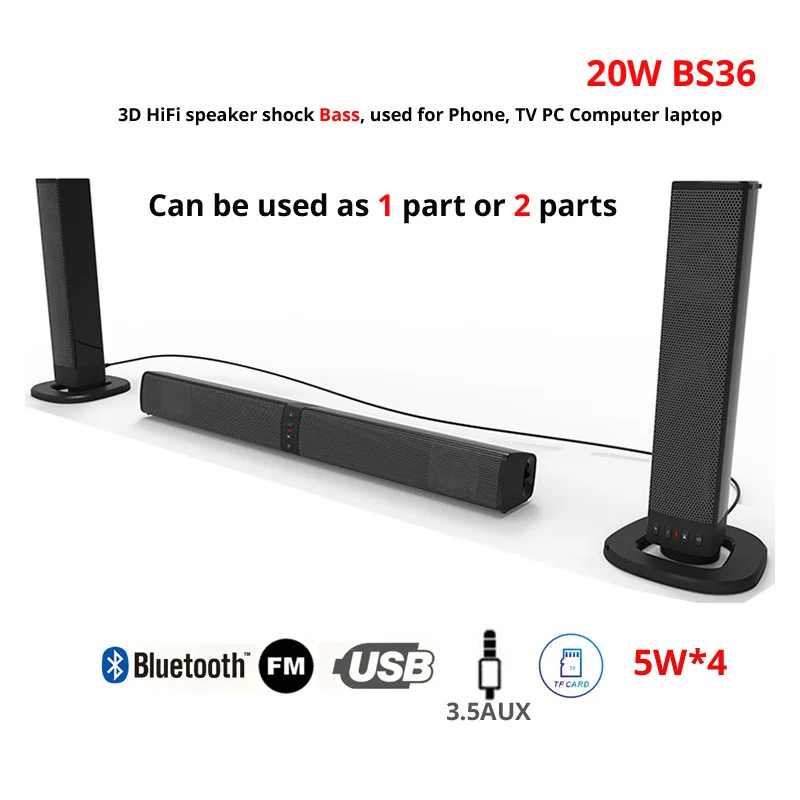 40W Soundbar Bluetooth Speaker TV Sound bar Computer loudspeaker wireless Speaker Column USB AUX Music Player Boom Box+Control