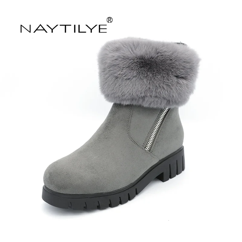 

NAYTILYT PU eco leather shoes woman ankle warm winter boots women high heels zip round toe nature wool brown gray size 36-40