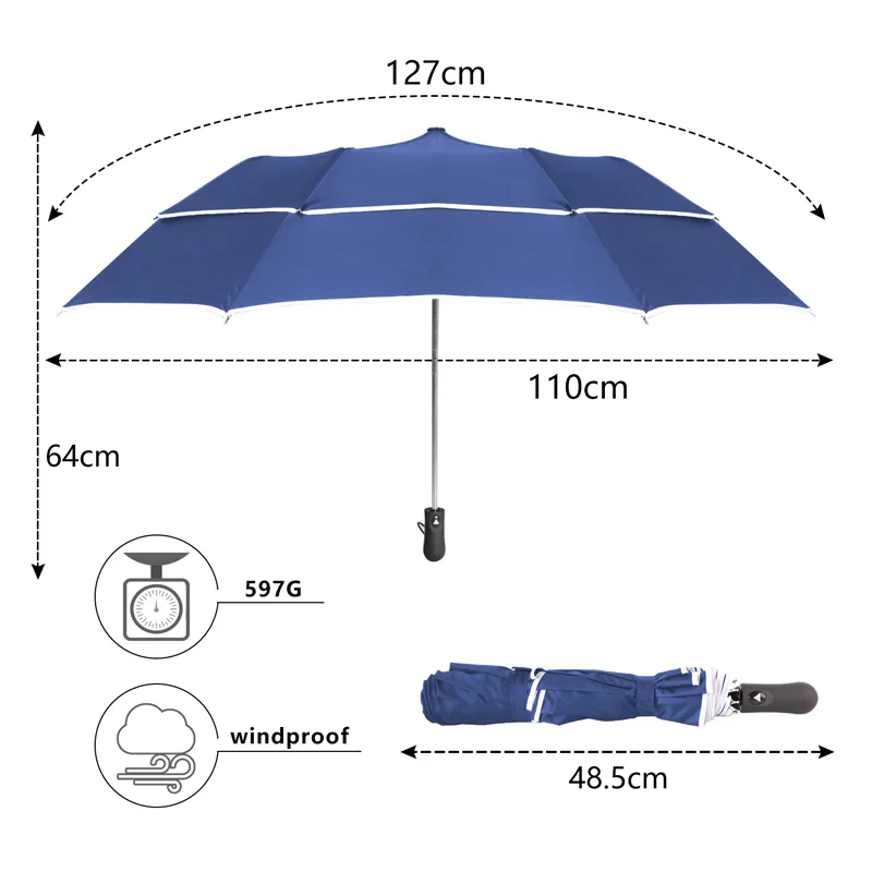 Двухслойный 2 складной 110 см большой зонт от дождя женский ветрозащитный Полуавтоматический зонт мужской для путешествий на открытом воздухе Paraguas