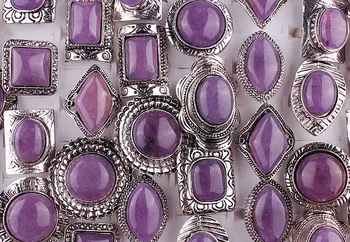 

Wholesale Bulk Lots 12Pcs Oversize Mix Style Purple Natural Amthyst Gem stone Tibet Silver Finger Rings Band Wedding Engagement